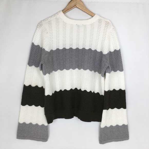 1. State Sweater Top Women’s Textured Pullover Grey White Green Striped Size L - Picture 9 of 14